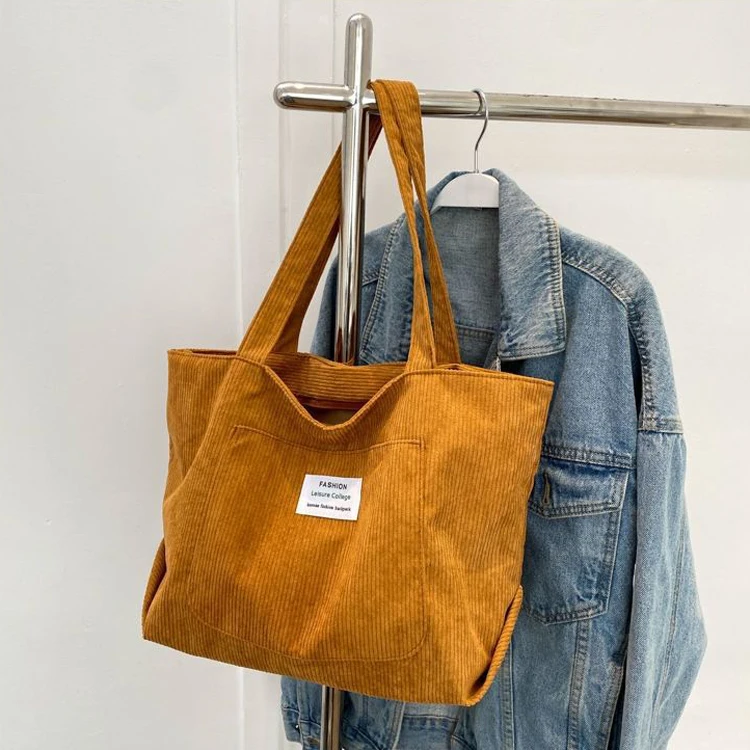 Eco Friendly Reusable Girls Small Large Shopper Corduroy Totes Shoulder Bags With Custom Printed Logo details