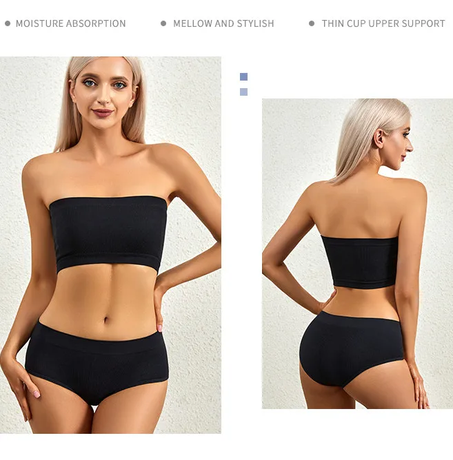 Women's Strapless Bra Panty Set Seamless Tube Top Comfy Female Bandau ...