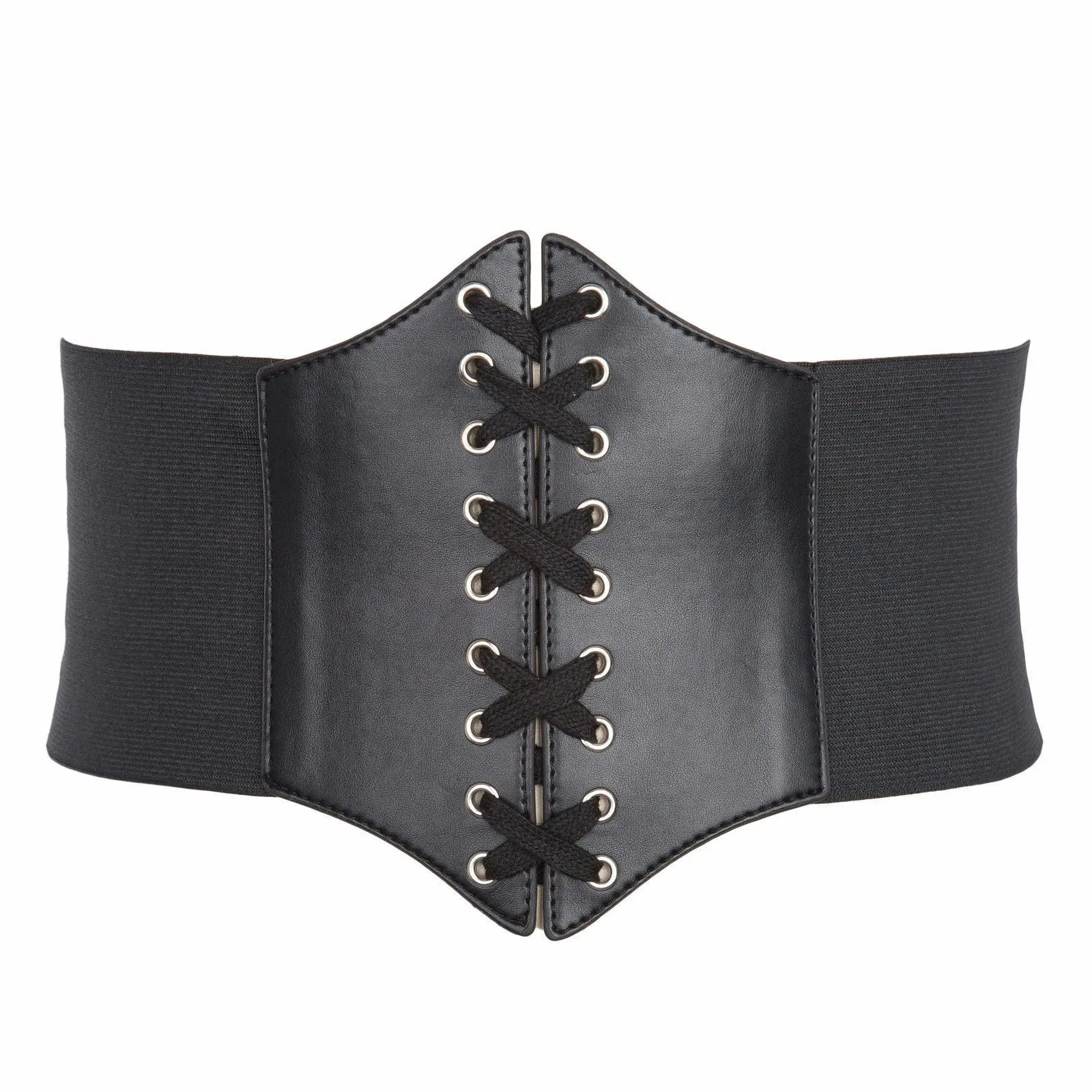 Womens Leather Wide Tied Waistband Elastic Waist Cincher Corset Waspie Belt ch 