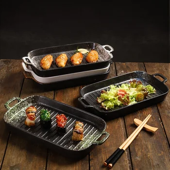 Wholesale Specialty Restaurants Ceramic Plate Japanese Ceramic Snack Plate Sushi Long Strip Plates Binaural Rectangular Dish