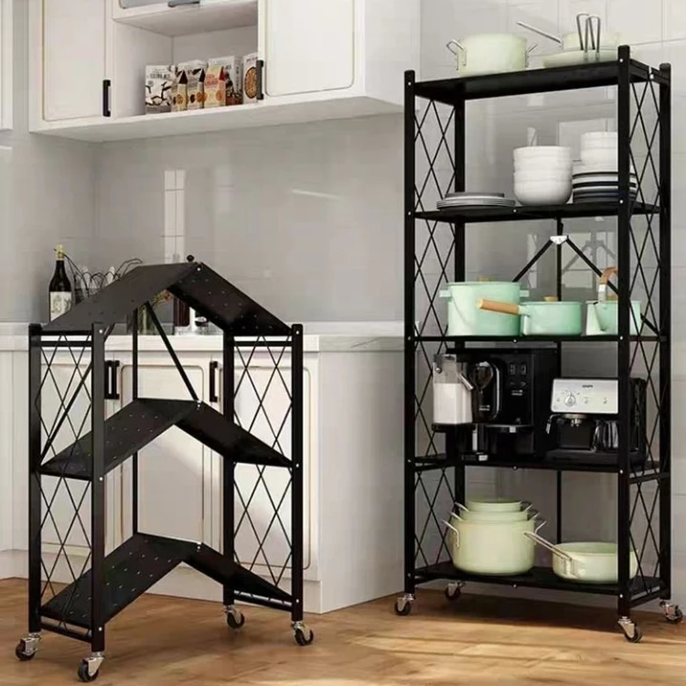 kitchen organizer rack Foldable kitchen metal display bookshelf  wheeled kitchen storage rack