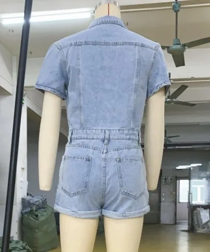 Ready to ship S-XL high quality cotton sky blue denim jeans women rompers short jumpsuit