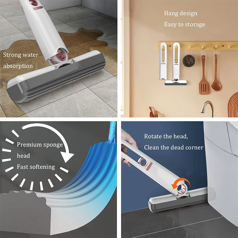 Portable Mini Self-Squeeze Sponge Mop Lazy Hand-Free Design Foldable 2 Cotton Heads for Household Desktop Car Glass Cleaning