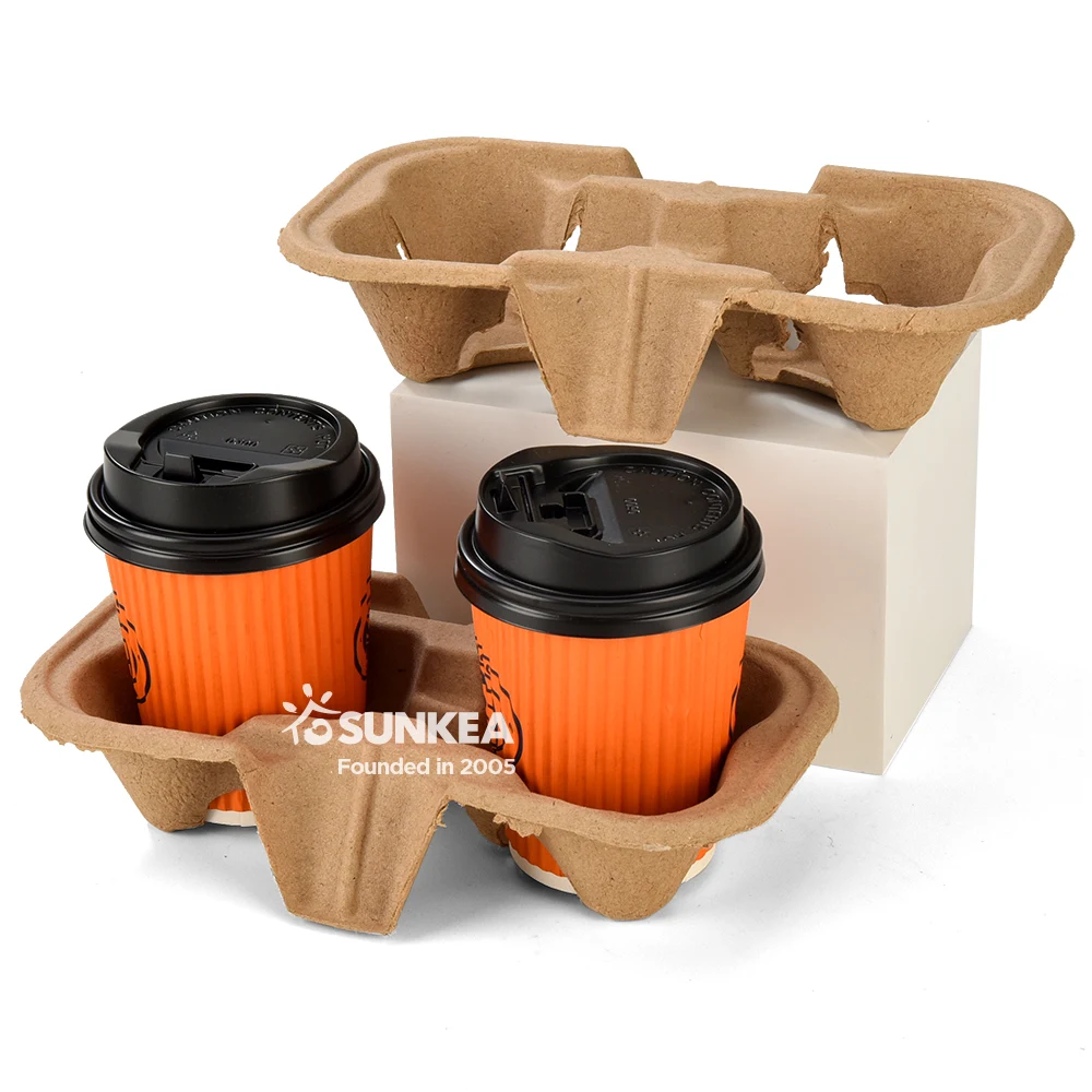 Compostable pulp cup carrier/ Take out cup holder/ Disposable pulp fiber cup carrier