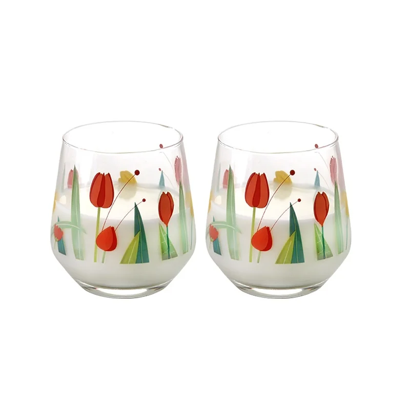 Best selling high quality Smooth Rim Tulip Decal glass heat-resisting glass cup for cold or hot drinking 380ml