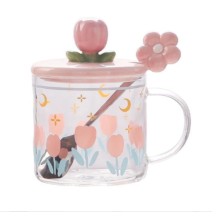 Pink tulip Glass Coffee Mug Cup Heat Resistant Breakfast Milk Tea Cup with Ceramic Lid Stainless Steel Spoon