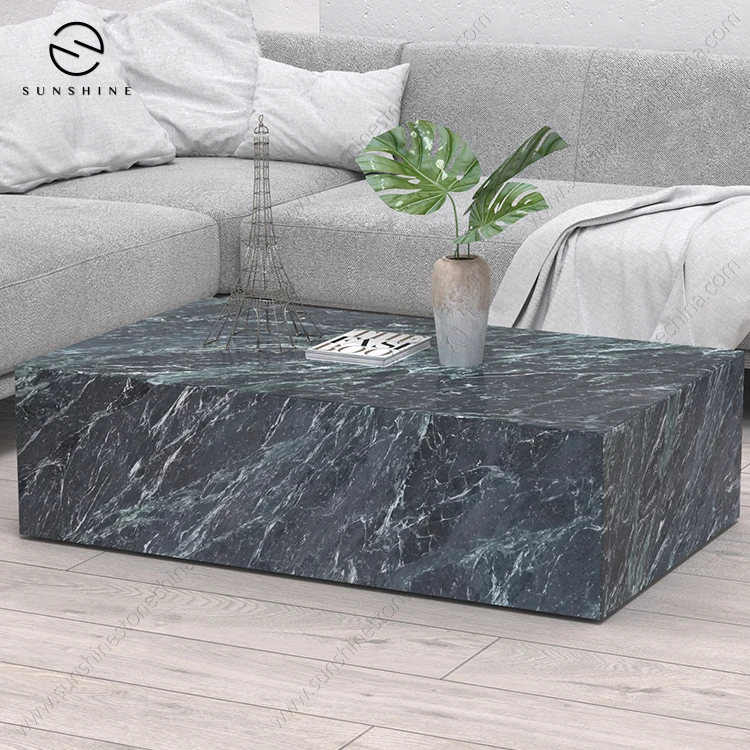 Luxury Nordic Style Dark Green Living Room Furniture Marble Cubic Plinth Low Sofa Coffee Table
