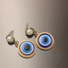 Earrings Manufacturer Of Custom Alloy Plated Gold Round Evil Eye Pearl Devil's Eye Earrings Of Woman