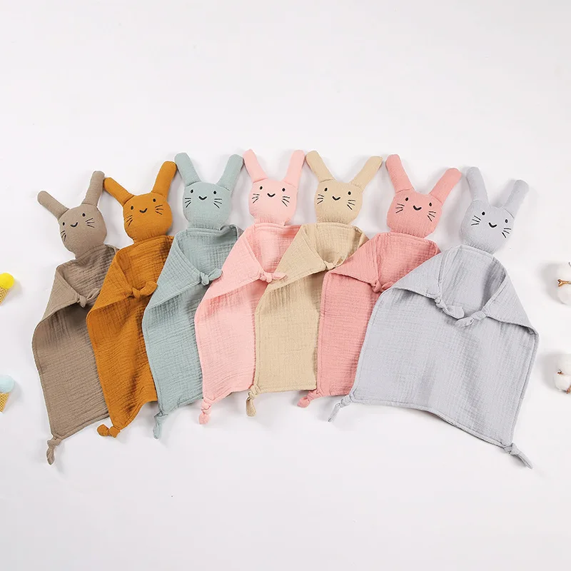 100% Muslin Cute Animal Rabbit Cat Security Sleep Teether Soothing Muslim Blanket Toys Knot Bunny Baby Comforter Blanket