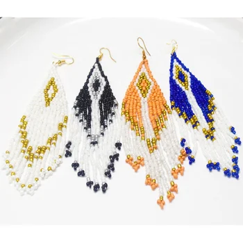 wholesale handmade beaded beads extra long tassel bangle boho seed bead drop dangle fringe earrings for women colorful