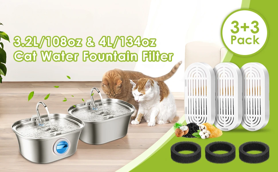 3Pack Replacement Filters Sponges for Stainless Steel Pet Fountain with Water Level Window