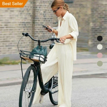 Chic French Style Fashion Spring Autumn 3 Colors Ladies Blouse High Waist Women Trousers Casual Wide Leg Pants Set