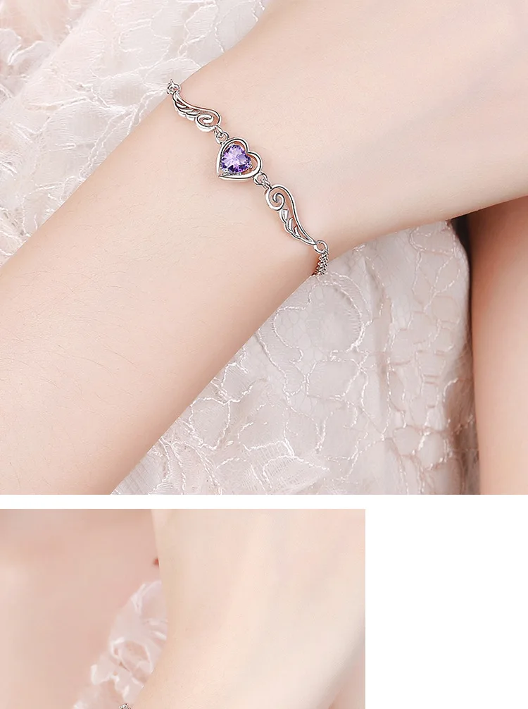 angel wings purple diamond charm bracelets women,copper pave setting zircon silver heart bracelets