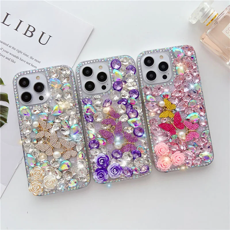 Luxury Butterfly Rose Rhinestone Ins Style Mobile Phone Case Shell Covers for iPhone 15 Samsung A13 A14 A25 A34 A54