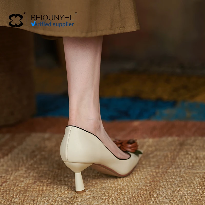 genuine leather european trendy leather shoes nude high heel shoes women latest spring beige ladies white leather pumps s