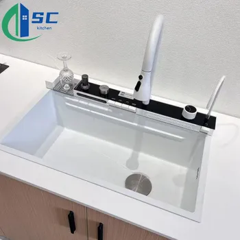 Home full kitchen sink White stainless steel Smart sink Large single bowl Waterfall