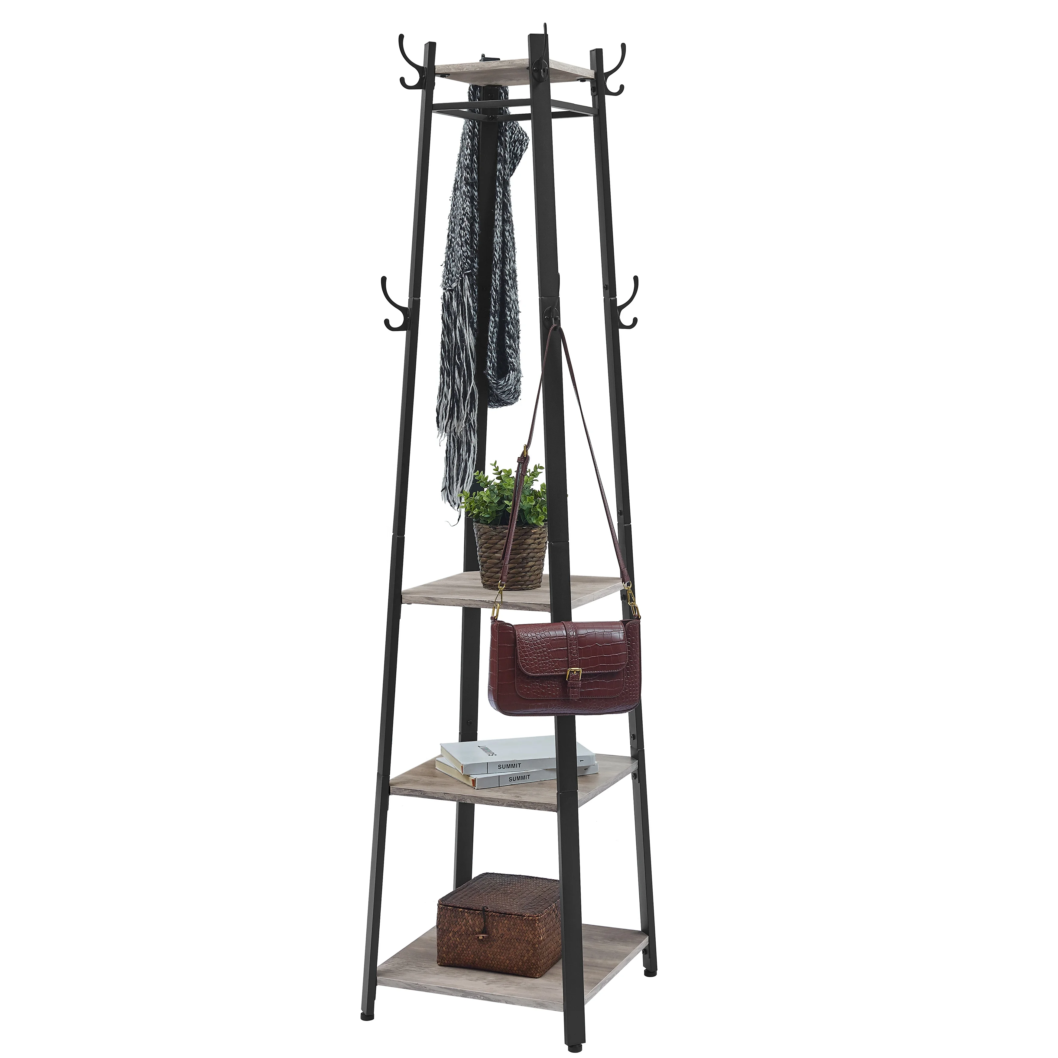 VASAGLE modern freestanding light metal coat rack with 3 shelves wood space saving sturdy coat rack