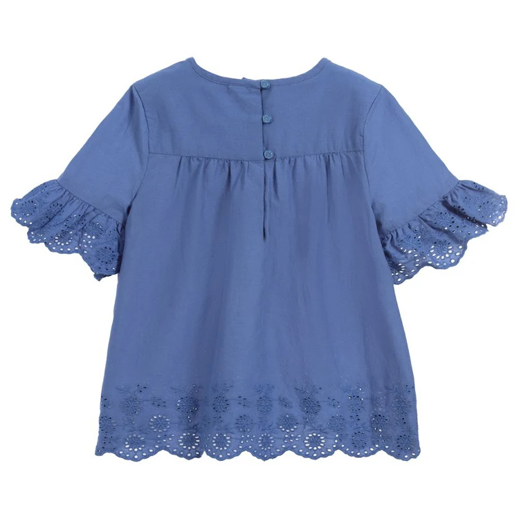 Blue color blank t-shirt flounce lace short sleeve girl's t-shirts custom