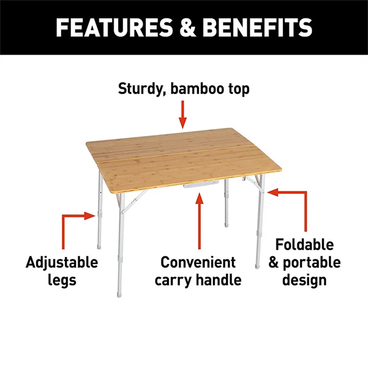 Bamboo Outdoor Portable Picnic Table Foldable Camping Table Wood with Adjustable Height Aluminum Legs Carton Customized Logo