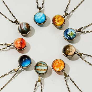 Personality Vintage Men Jewelry Glass Ball Glowing Earth Mars Eight Planets Pendant Necklace For Women