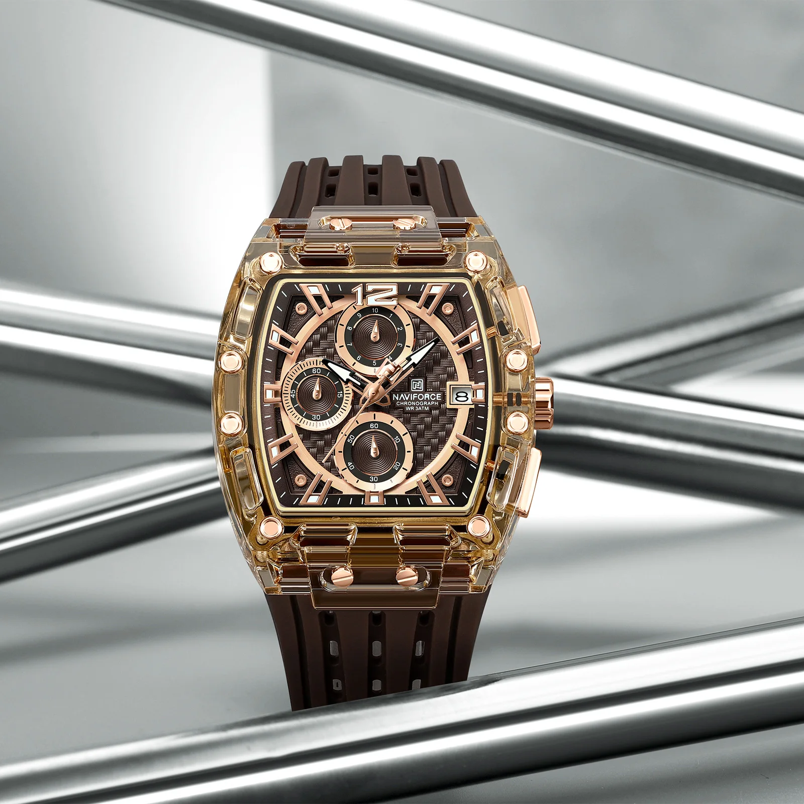 NAVIFORCE 7105新设计透明酒托手表男士石英表防水奢华运动户外蒙特霍姆