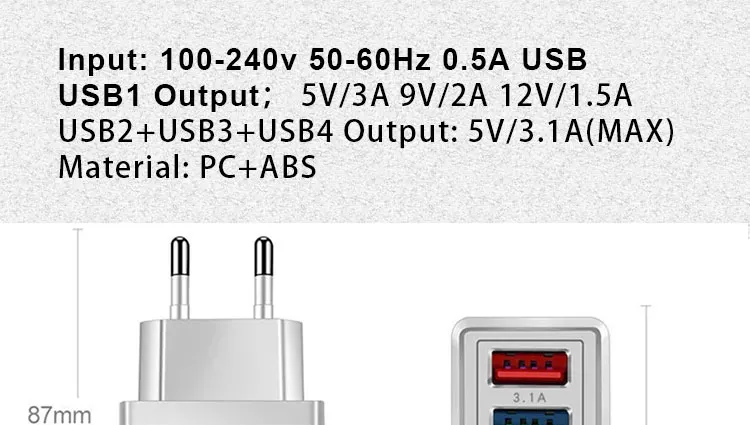 Fast Charging EU US UK 4 Ports 3.1A Mobile Cable Phone QC 3.0 Travel Wall Charger for IOS Android Power Bank