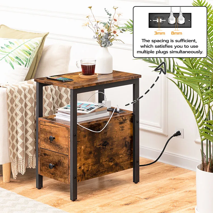 Wholesale Wooden Metal Rustic Bedside Nightstand Sofa End Table Narrow Side Table With Charging Station for Living Room Bedroom