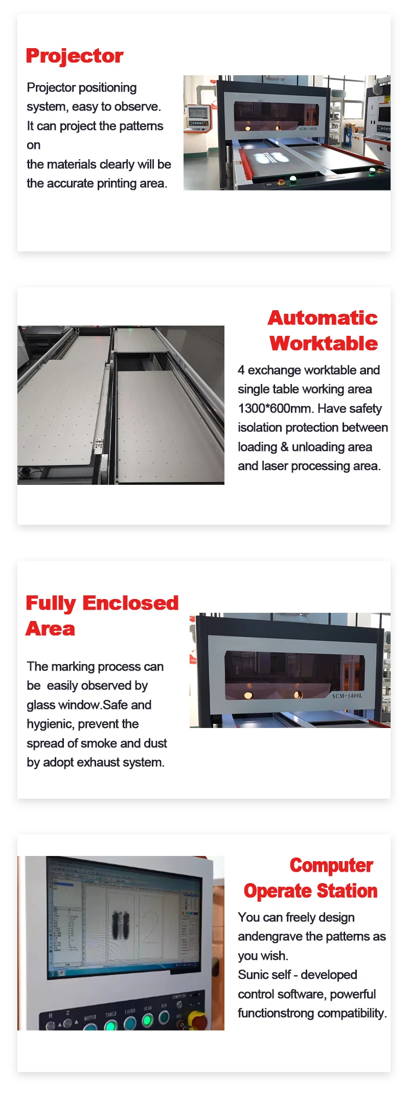 Dynamic Focus SCM1400L 3D Laser Engraving Machine for Denim Leather-Four 1300*600mm Exchange Tables AI/BMP Format-for Cloth