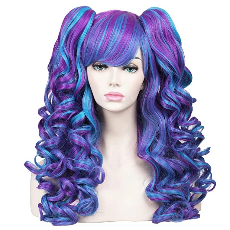 Azure Blue ColorGround Long Curly Cosplay Wig with 2 Ponytails 