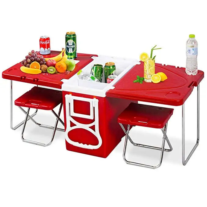 cooler with table and 2 chairs