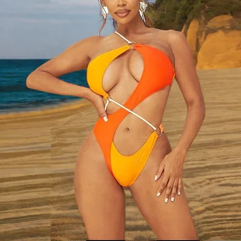 Orange One Piece Swimsuit for Women Custom Quick Dry Bathing Suits Maillot De Bain Femme Factory Outlet Color Block Bikini