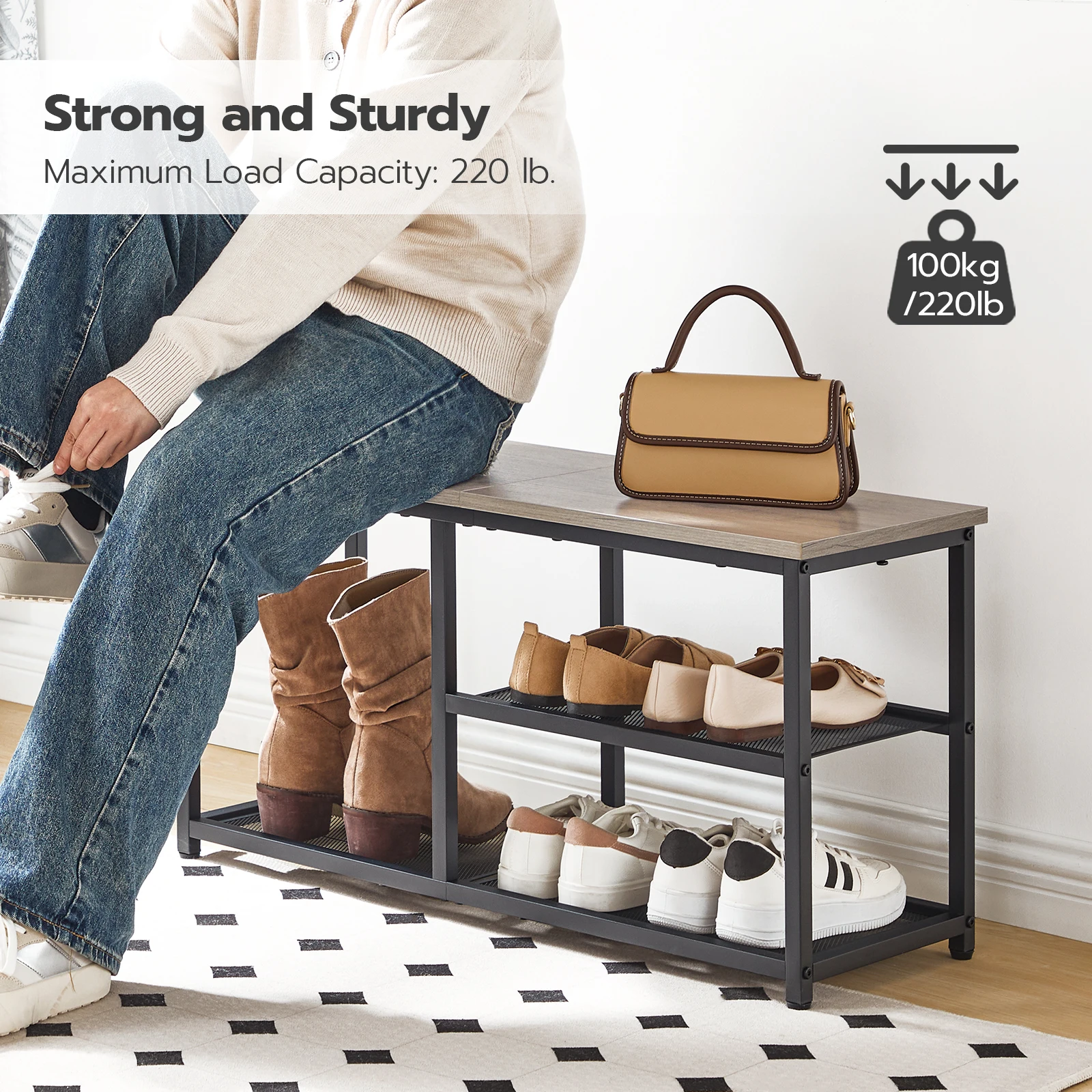 Industrial Style 3 Tier Wooden Hallway Shoe Storage Bench Large Shoe Rack Stand For 6/8/10/12 Pairs Shoes Organizer With Seat