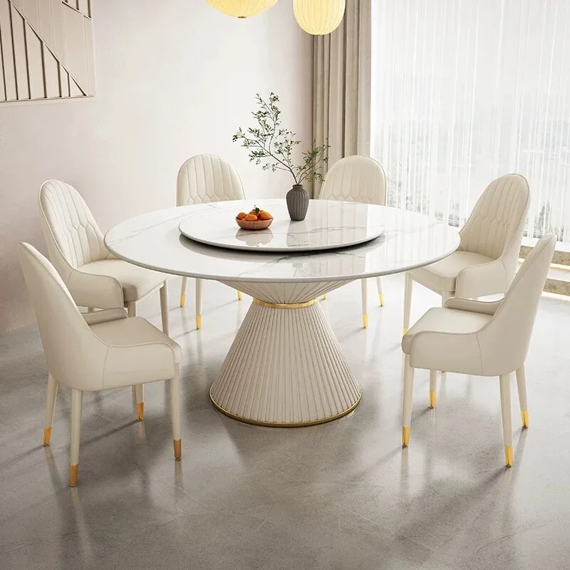 Light Luxury Rock Slab Dinning Table Set For 6 With Turntable Household Round Carbon Steel Restaurant Hotel Dining Table Set