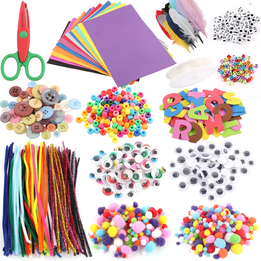 1000PCS Shukii 1000Pcs DIY Art Craft Kit for Kids Creative Pompoms Pipe Cleaners Feathers Wiggle Googly Eyes Sequins Buttons Construction Paper School Projects Party Supplies 