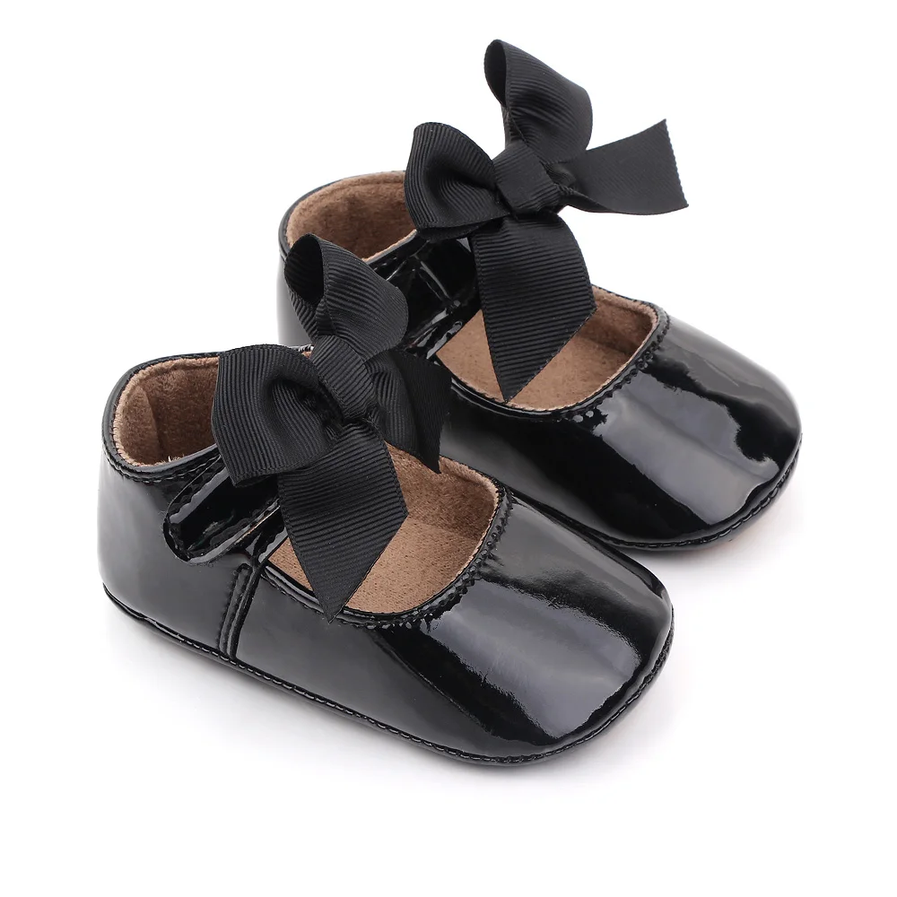 Solid Color PU Leather Top Big Bow Baby Girls Princess Soft Soled Non-slip Toddler Shoes supplier