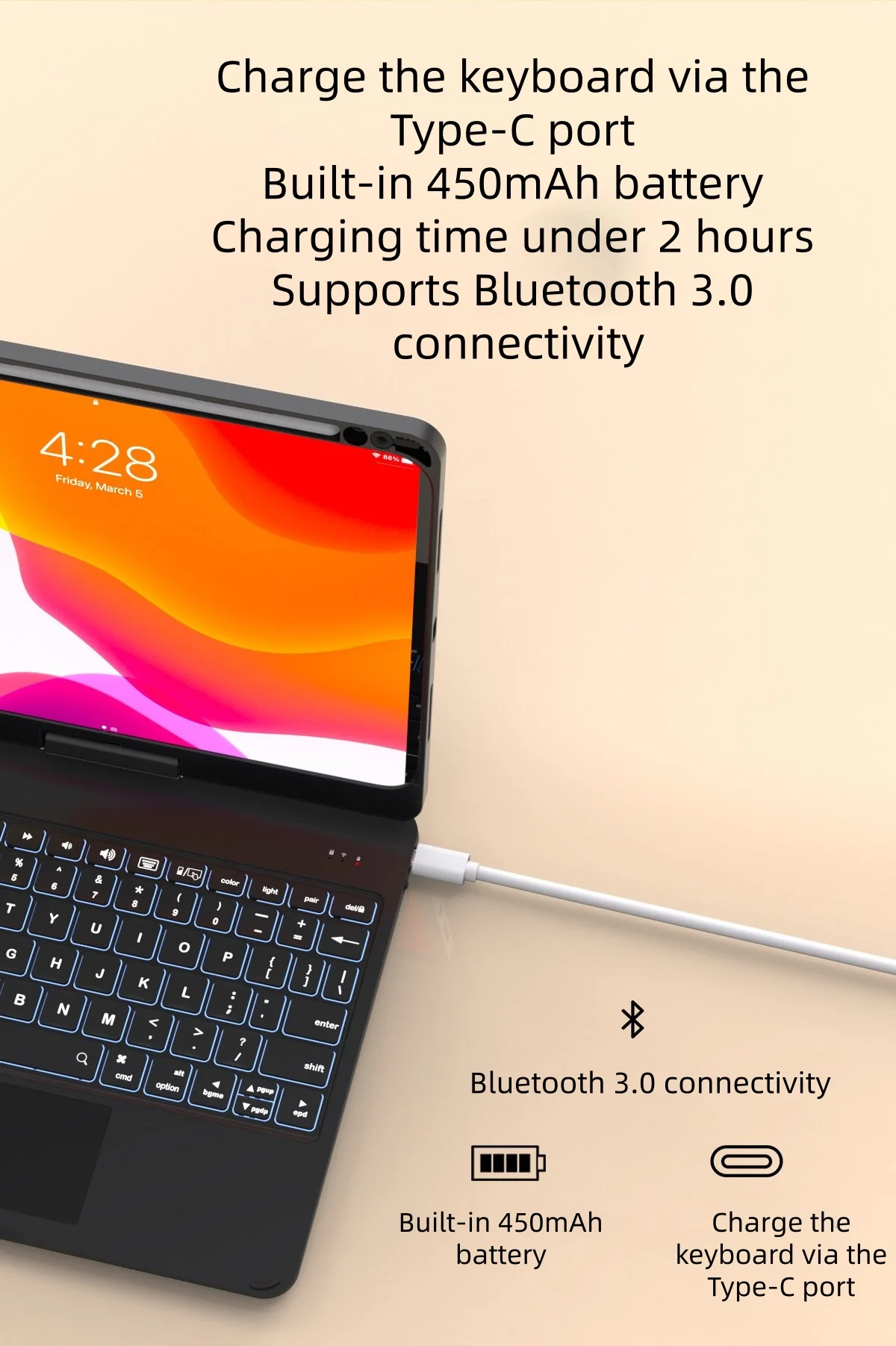 product magic keyboard case transparent rotating backlit detachable hidden pen slot bluetooth connectivity type c charging 11 laudtec-6