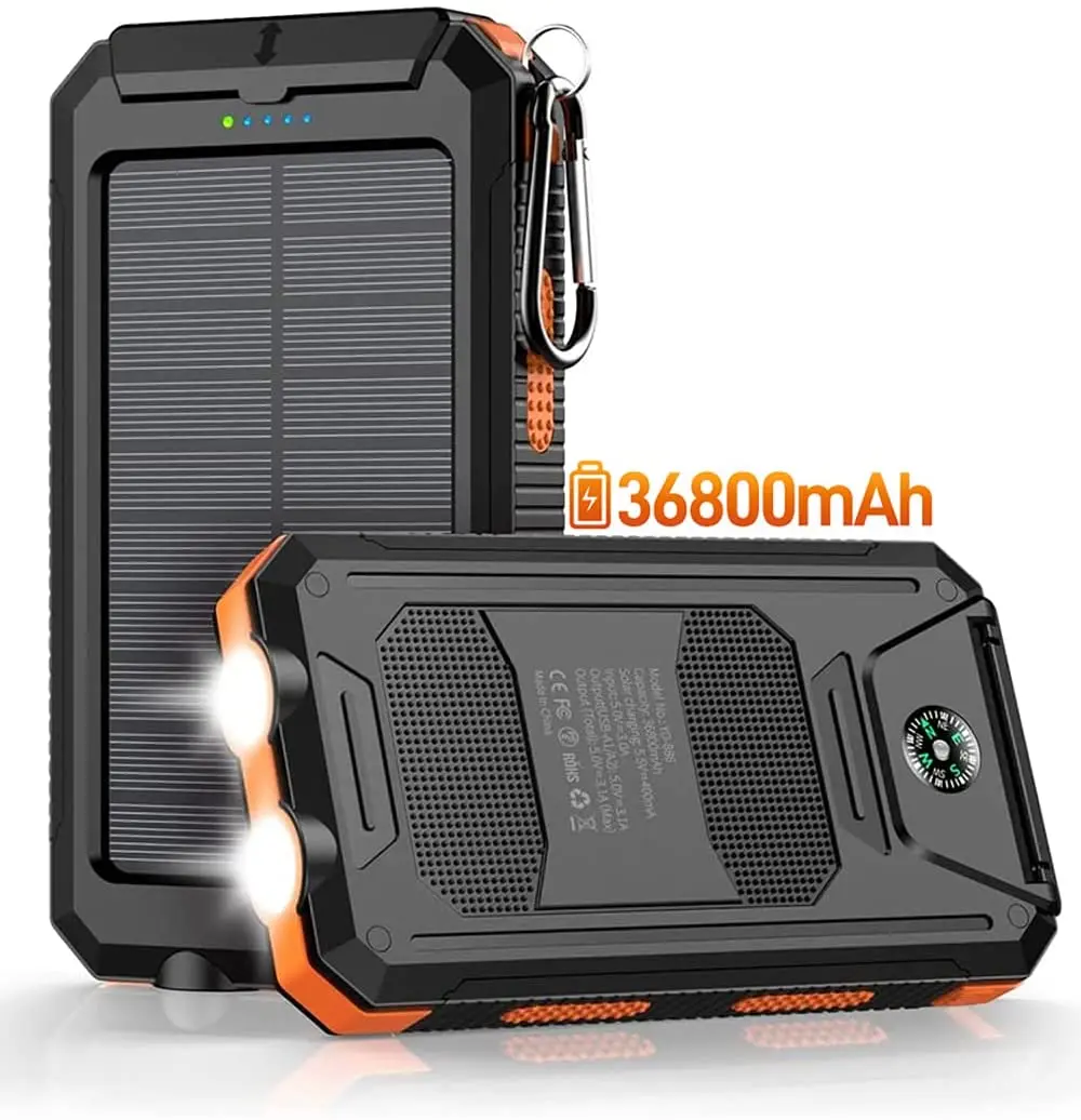 Power Bank,Solar Charger,36800mAh 5V3.1A 18W PD QC 3.0 Dual 2 USB Port Built-in Powerful Flashlight IPX7 Waterproof Dustproof Shockproof Orange 