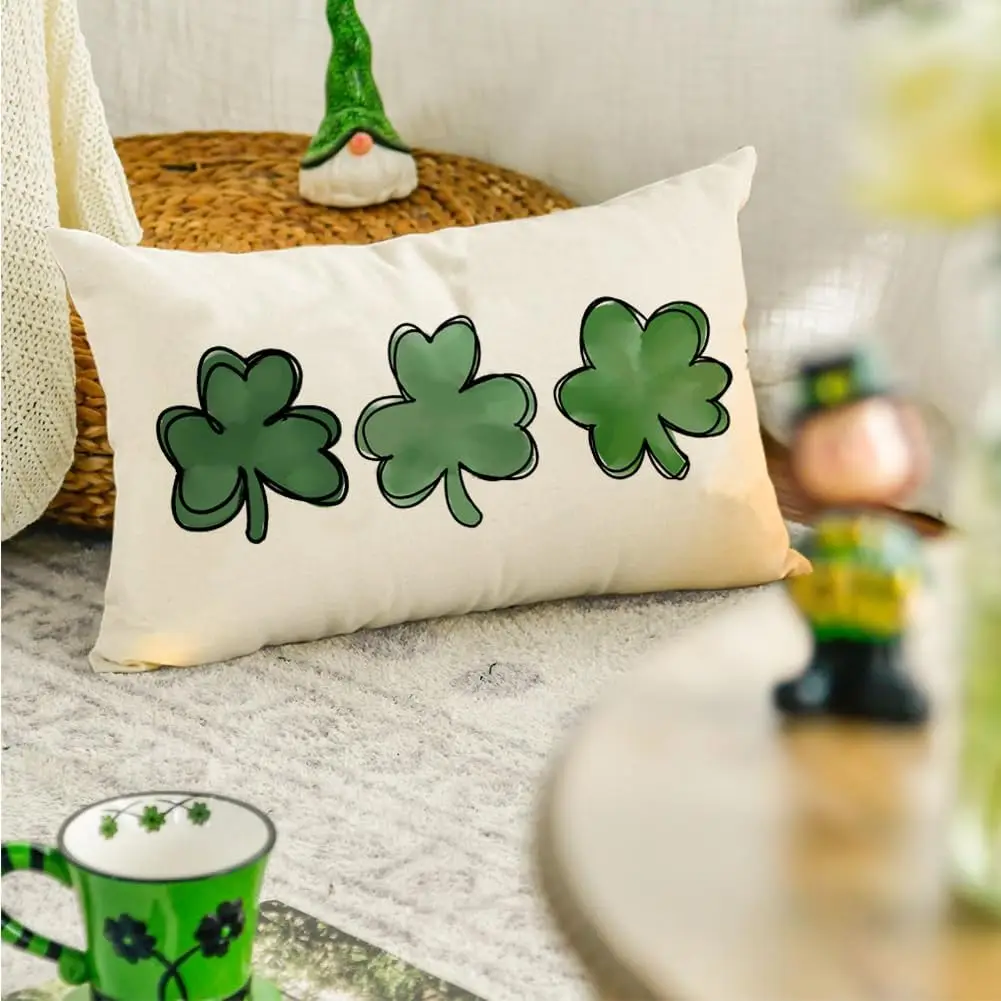 RABUSOFA St. Patrick's Day Decorative White Throw Pillows 12x20 Inch Lucky Clover Cushion Case Green Shamrock Sofa Decoration Hf50d295f173b46849bc6cbf4a56dbf2e0