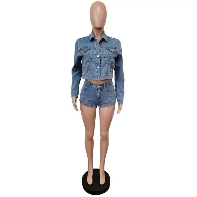 2023 Fall Women's clothing 2 pieces sets New denim casual suit Blue jean jacket and shorts pants set