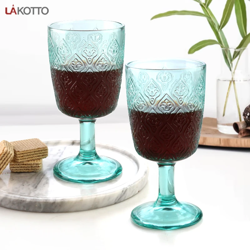 High sales Wine tumbler glass goblets vintage colored embossed globlet colored wine glass