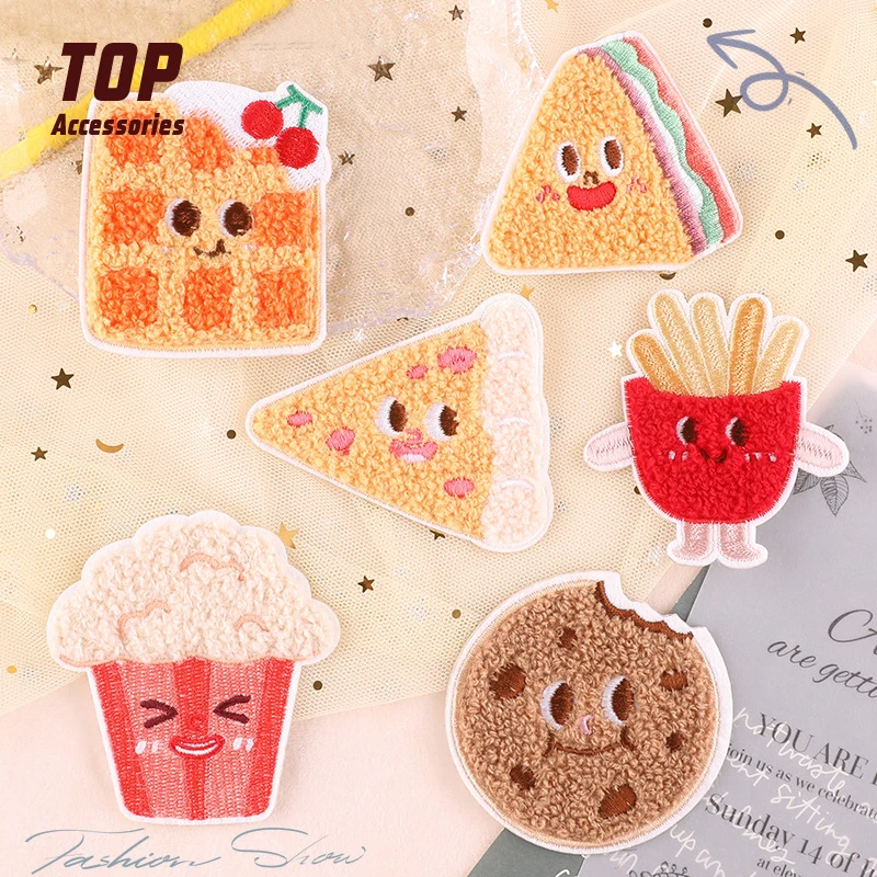 Cartoon Cute Chip Cookie Cake Self-adhesive Back Chenille Patches Design Logo Embroidered Clothing