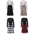 Skirt Boutique Fashionable Round Collar Long Sleeve Retro Patchwork Slim High Waist Big Skirt Women Leisure Midi Dress