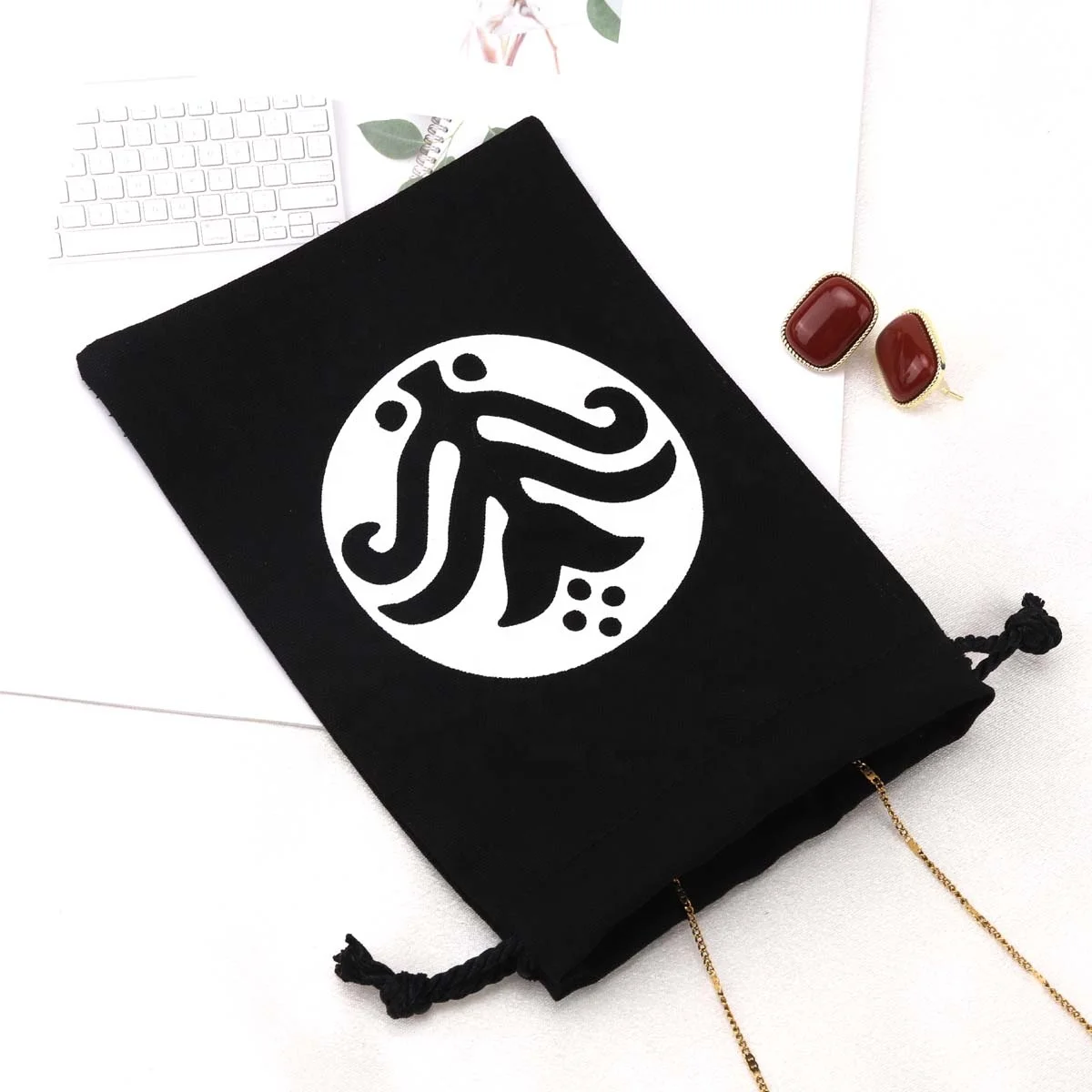 Custom Silk Screen Printing Black Cotton Candle Pouch Drawstring Muslin Gift Candle Bag