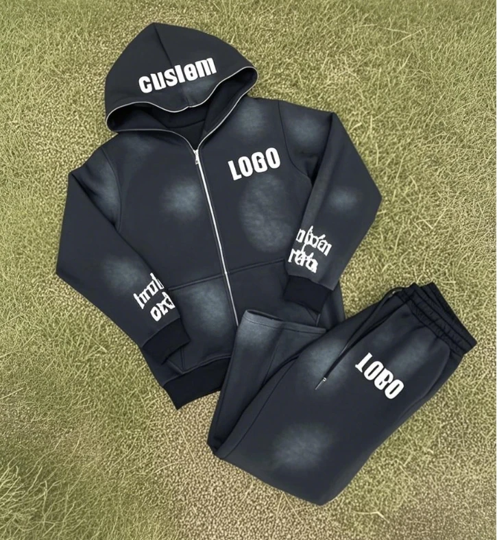 Custom Men's Flare Cropped Sweatsuit Jogging Acid Zipper Track Suit Set Puff Print Blank Flare Sweatpants and Hoodie Set details