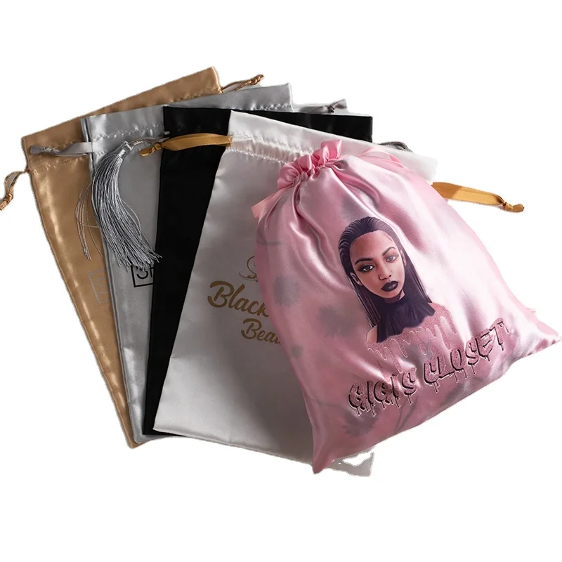 Wholesale Tassel Satin Hair Wig Bundles Bag Drawstring Lingerie Packaging Bag