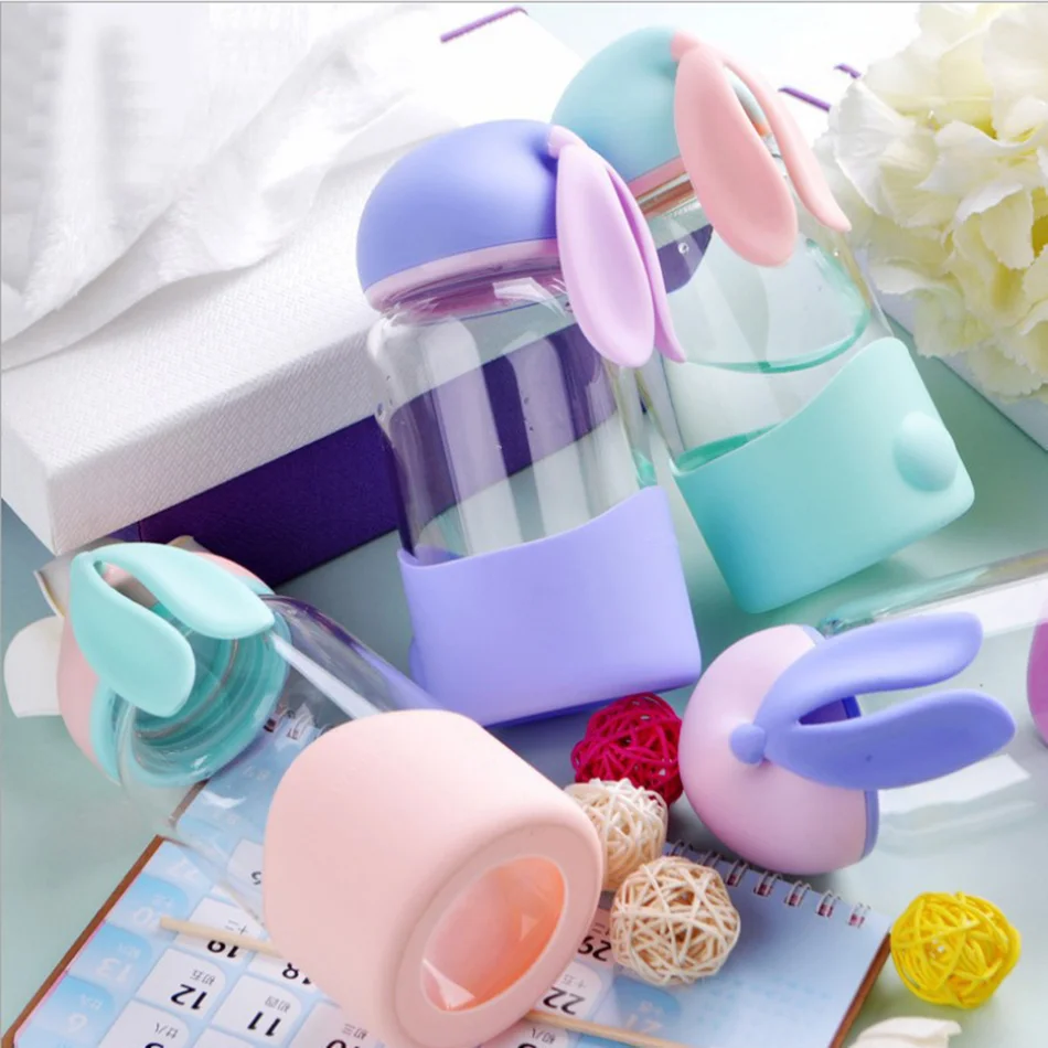 Cute Water Bottle Cartoon Rabbit Glass Bottle with Silicon Sleeve for Kids Student Girls Portable Drink Tea Bottle