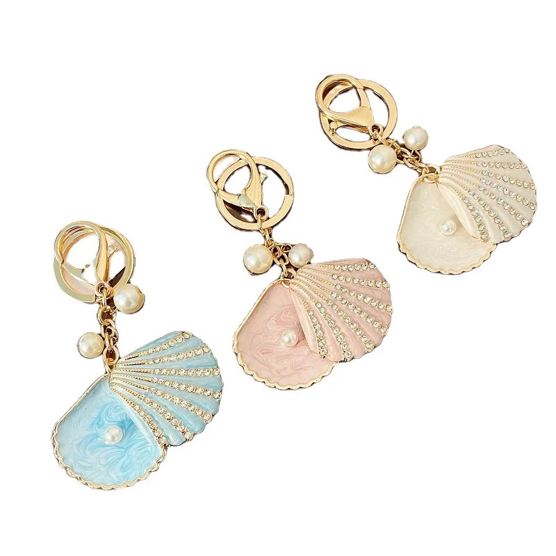 Shell Pearls Small Car Keyring Fashion Jewelry Women Bag Rings Key Crystal Rhinestone Charm Pendant Key Chain Gift