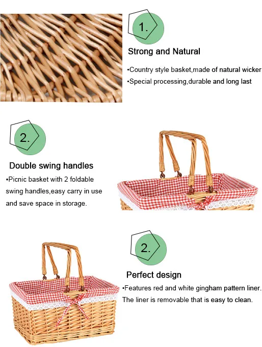 Eco Friendly New Design Rectangular Empty Wicker Picnic Basket With Lid