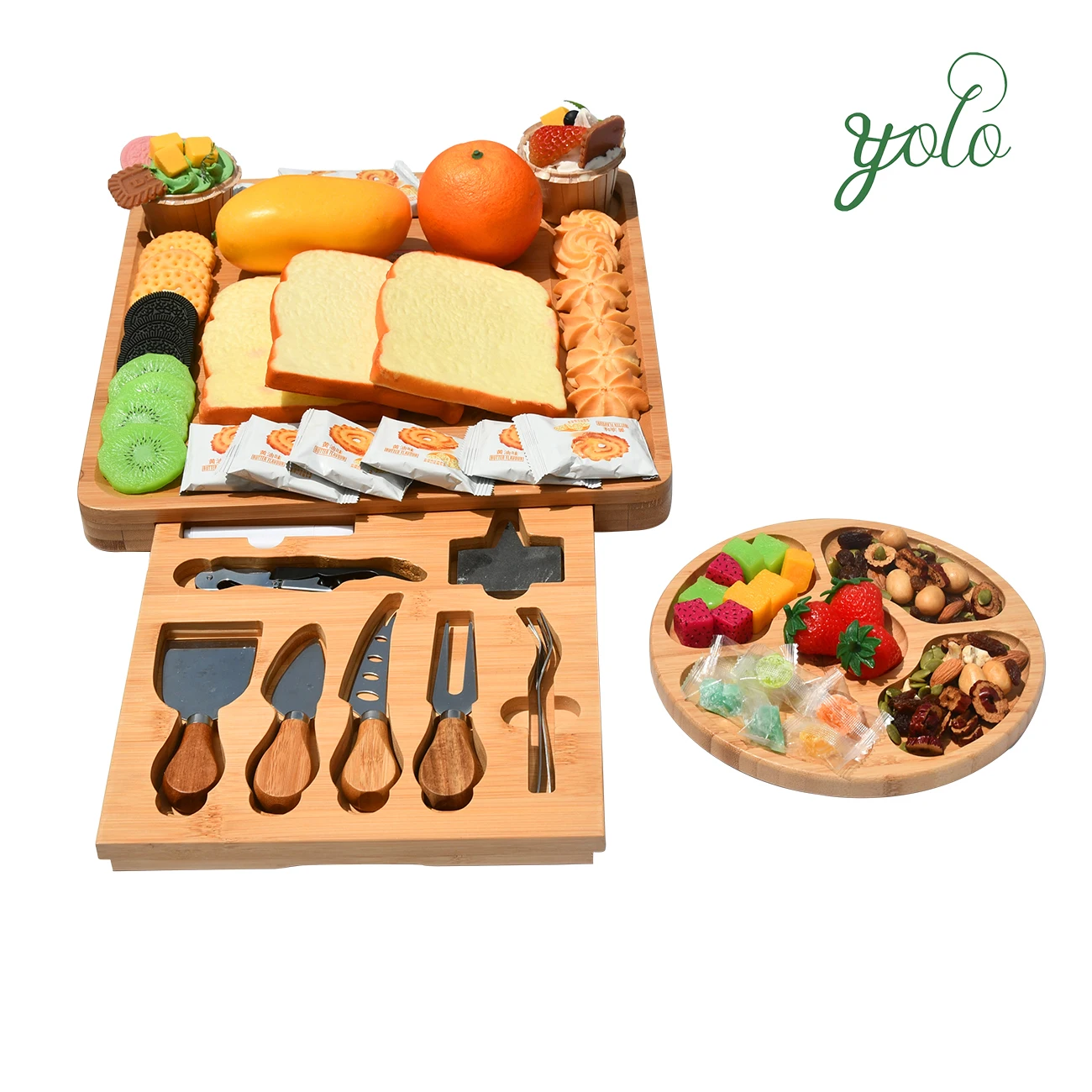 Unique Large Custom Charcuterie Board Bamboo Cheese Board Set with Snack Tray and Chalk