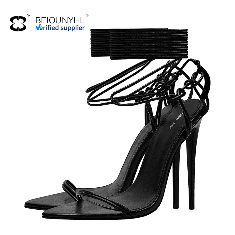 2024 Custom Logo Plus Size Women Sexy Fashion Ankle Straps Lace-up Sandals Thin Spike Heel Sandals High Heels Ladies Shoes